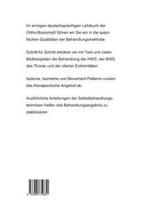 Texte über ein Lehrbuch zur Ortho-Bionomy. Schritt-für-Schritt-Anleitungen, Fokus auf HWS, BWS, Thorax, Extremitäten. Barcode unten.