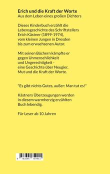 Gelber Hintergrund, schwarzer Text: Titel "Erich und die Kraft der Worte", Kästners Leben und Werk, Zitat und Altersempfehlung.
