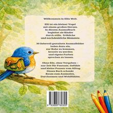 Ein einladender Text über ein Ausmalbuch für Kinder, begleitet von einer Illustration eines Vogels mit Rucksack auf einem Ast.