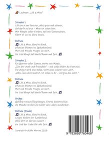 Text: Liedtext „Lilli & Mino“, Strophe 1, Refrain. Bunt eingerahmt mit Sternen. Ein Barcode ist unten rechts.