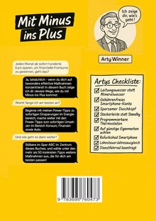 Titel: "Mit Minus ins Plus". Arty Winner erklärt Sparmaßnahmen, Checkliste mit Tipps, Illustration von Arty vorhanden.