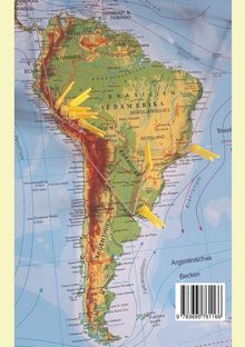Texte: Südamerika, Brasilien, Kolumbien, Peru, Argentinien. Eine farbige Karte mit gelben Stecknadeln und roten Fäden.