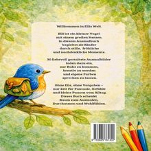 Text: Einladung zur Ruhe und Kreativität. Illustration eines Vogels mit Rucksack auf Ast, bunte Stifte unten rechts.