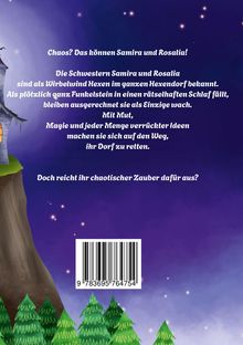 Text über Schwestern Samira und Rosalia, bekannte Wirbelwind-Hexen, die ihr Dorf mit chaotischen Zaubern retten wollen. Links ein Hexenhaus auf einem Hügel, darunter Wald vor sternenklarem Himmel.