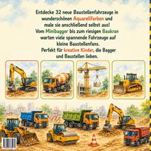 Entdecke 32 neue Baustellenfahrzeuge in Aquarellfarben. Bilder von Baggern, Kran, Betonmischer und Kippern.
