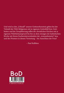 Zitat von Paul Kalbhen über Religionen und Kirchen; tiefrote Hintergrundfarbe; BoD-Logo unten mit Preisangabe.