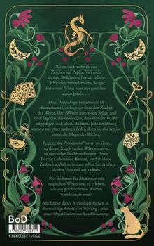 Worte über den Zauber von Geschichten, Magie und Bücher. Illustration mit Blumen, Drache, Karten und Schlüssel.