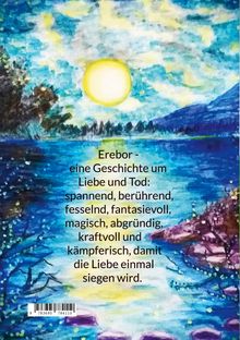 Eine farbenfrohe Illustration eines Sees mit Bäumen im Vordergrund und einem hellen Sonnenuntergang im Hintergrund.