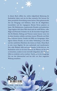 Text über das Buch der Rauhnächte, persönliche Entwicklung durch Rituale und Meditation. Blumenillustration auf blauem Hintergrund.