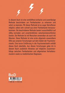 Text zu Panikattacken-Methoden, menschliche Gesten. Orange Hintergrund, drei weiße Blitze, unten ISBN und Preis.