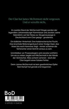 Text über Rache des Clans an James McDermott. Spannung, Flucht, Entführungen. Barcode unten links mit Buchpreis.