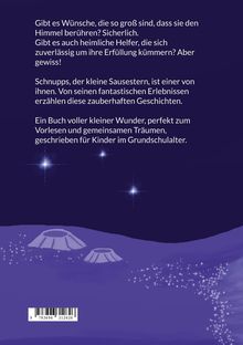 Text: Wünsche, Helfer, Schnupps, Erlebnisse, Vorlesen. Illustration: Sternenhimmel, zwei Krater, funkelnde Sterne, lila Hintergrund.