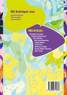 Texte auf bunten Formen: „Mit Beiträgen von: Josephine Apraku, Mareice Kaiser, Jacinta Nandi. Mit Artists: Constanza Carvajal ..."