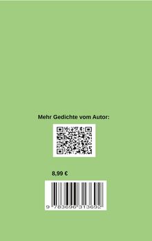 Text oben: "Mehr Gedichte vom Autor:". Darunter ein QR-Code. Unten Preis "8,99 €" über einem Barcode. Hintergrund grün.