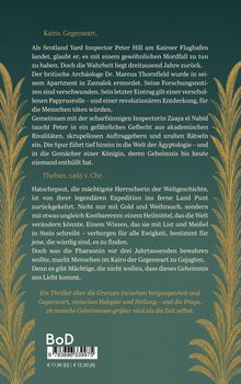 Zwei Abschnitte: Einer über einen Mord und alte Geheimnisse in Kairo, ein anderer über Hatschepsut und ein Heilmittel. Goldene Ornamente.