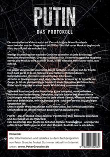 Der Titel lautet "PUTIN DAS PROTOKOLL". Text beschreibt Manipulation, Deepfakes und eine Krise in Russland. Hinweis verweist auf www.PeterGrosche.de. Hintergrund zeigt eine dunkle Stadtkarte.