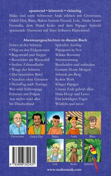 Ein blauer Hintergrund mit weißen Texten: spannende Abenteuer mit Maku, Anak und Freunden. Unten Illustrationen der Charaktere.