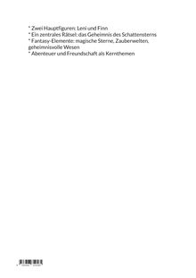 Texte: Hauptfiguren Leni und Finn, Rätsel des Schattensterns, Fantasy-Elemente, Abenteuer und Freundschaft. Unten Barcodes.