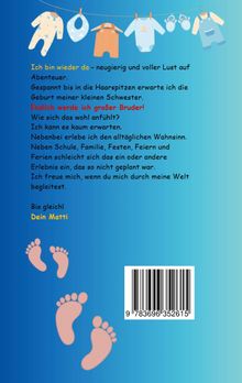 Text über Abenteuer und das Warten auf eine Schwester. Illustration zeigt Babykleidung an einer Leine und kleine Fußabdrücke.