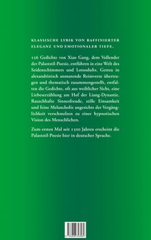 Auf grünem Hintergrund: Beschreibung von 126 Gedichten von Xiao Gang, Palaststil-Poesie, erstmals auf Deutsch. Barcode unten.