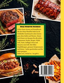 "Ninja Woodfire Kochbuch" mit Grillrezepten und Holzfeuer-Aroma. Bilder von Steak, Rippchen, Burger und Pommes frites.