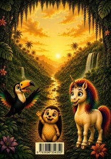 Ein Barcode unten. Ein bunter Tukan, Igel und Einhorn, umgeben von einem tropischen Wald bei Sonnenuntergang.