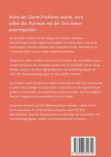 Ein Text in Weiß auf hellrotem Hintergrund beschreibt Probleme mit dem Darm und wie das Buch dabei hilft, Zusammenhänge zu verstehen. Unten im Bild befindet sich ein Barcode.