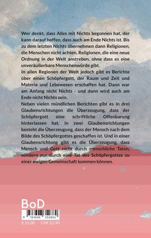 Text über Schöpfungsglaube. Himmel und Wolken im Hintergrund. Unten Preisangaben in Euro und CHF, sowie "BoD" und Barcode.