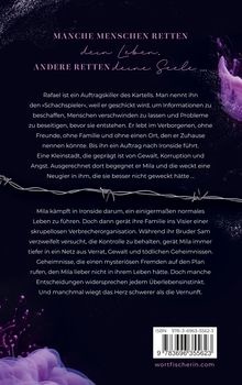 Text beschreibt eine spannende Geschichte über Auftrag und Gefahr mit Themen wie Intrigen und Geheimnissen. Lila Dekoration.