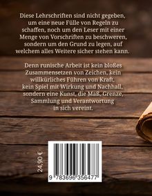 Text über die Bedeutung von runischer Arbeit und Kunst. Barcodes mit Preisangabe. Hintergrund aus Holzplanken.