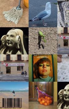 "Bilder von Besen, Möwe, Fassade mit 'HELADOS monllor', Frau mit grünem Lidschatten, Mann am Strand, Orangenbeutel und Barcode."