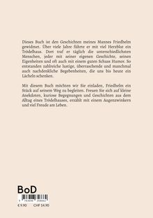 Texte beschreiben ein Buch über Geschichten aus einem Trödelhaus, gewidmet an Friedhelm, voller Humor und Begegnungen. Unten: "BoD".