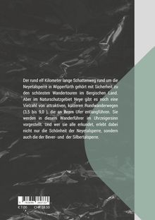 Text: Beschreibung von Wanderwegen rund um die Neyetalsperre. Design: Hintergrund in dunklem Grau mit grünem Dreieck.