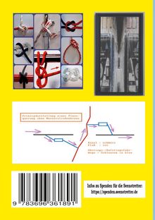 Prinzipdarstellung einer Flussquerung. Verschiedene Knotenanleitungen. Barcode und Spendenlink unten, gelber Hintergrund.