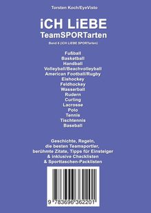 „iCH LiEBE TeamSPORTarten“ in großer Schrift. Liste von Sportarten. Anekdoten und Checklisten inklusive. Blauer Hintergrund.