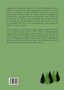 Text über Hildegard von Bingen und ihre Bedeutung für Naturheilkunde. Unten rechts Baum-Silhouetten auf grünem Hintergrund.