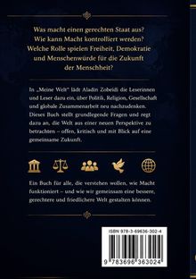 Text über Staatsführung und Machtkontrolle. Symbole für Justiz, Freiheit und Globalität. ISBN unten rechts.