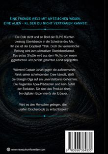 Ein Text beschreibt eine Flucht ins All auf der ELPIS, um den Exoplaneten Ytrak zu erreichen. Mystische Wesen und eine Alien-KI bedrohen die Überlebenden. Ein dunkles Auge ist im Hintergrund zu sehen.