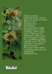 Ein grüner Hintergrund mit einem Foto von Pflanzen links; weiße Textbeschreibung von Gedichtband auf der rechten Seite.