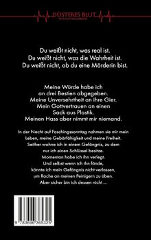 „DU WEISST NICHT, was real ist. […] Aber sicher bin ich dessen nicht …“ Oben ein Logo: „DÜSTERES BLUT PSYCHOTHRILLERREIHE“. Unten ist ein Barcode. Hintergrund schwarz, Text weiß.