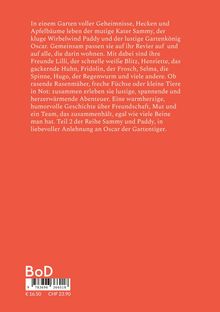 Roter Hintergrund, Text über ein Garten-Abenteuer von Sammy und Freunden, mit Mut und Teamgeist. Preisangabe: € 16,50.
