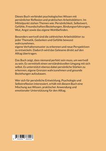Ein Buchcover in beige. Der Klappentext beschreibt psychologisches Wissen, Reflexion und Arbeitsblätter für den Alltag.