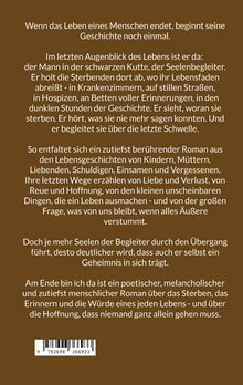 Text über das Ende des Lebens und das Erzählen von Geschichten; es beschreibt einen tief berührenden Roman. Brauner Hintergrund.
