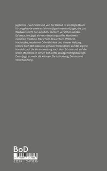 Ein grauer Hintergrund mit weißem Text über Jagdethik und Verantwortung, darunter ein Preis und ein BoD-Logo mit Barcode.