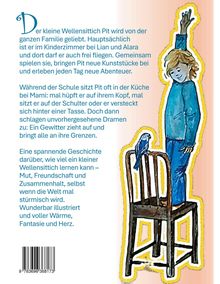 Text über den Wellensittich Pit und Familie. Illustration: Kind auf Stuhl mit Wellensittich auf dem Arm.