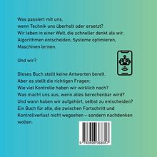 Text über technische Kontrolle und Fortschritt. Illustration eines Smartphones mit Roboter-Symbol. Barcode unten.