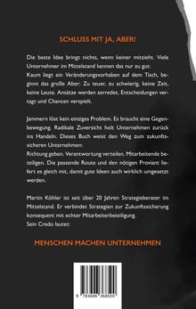 Text: "SCHLUSS MIT JA, ABER!", "MENSCHEN MACHEN UNTERNEHMEN". Es geht um Unternehmenskultur und Mitarbeiterbeteiligung.