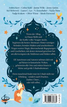 Oben stehen Autoren: Ambra Kerr bis Säráh Firewood. Zentrale Texte beschreiben Abenteuer, Magie und Reisen in fantastische Welten. Unten sitzt eine Katze, umgeben von Sternen und Ornamenten. Preis: €21,00.