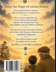 Text über ein Schulreferat: Benny hat Angst. Mit Opa findet er eine Münze, entdeckt Piratengeschichte, Abenteuer und Selbstvertrauen. Illustration mit Schiff, Meer und Sonnenuntergang.