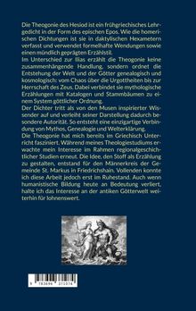 Ein Text über Hesiods Theogonie und ihre Bedeutung. Unten eine schwarz-weiße mythologische Illustration.